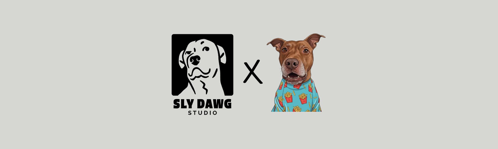 Sly Dawg Studio x Opie official merch collab banner, Sly Dawg Studio logo beside Opie the pit bull in fries pajamas on light grey background