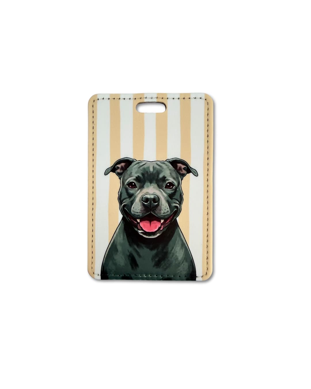staffordshire bull terrier luggage tag -apricot striped version with smiling gray staffy illustration on striped background