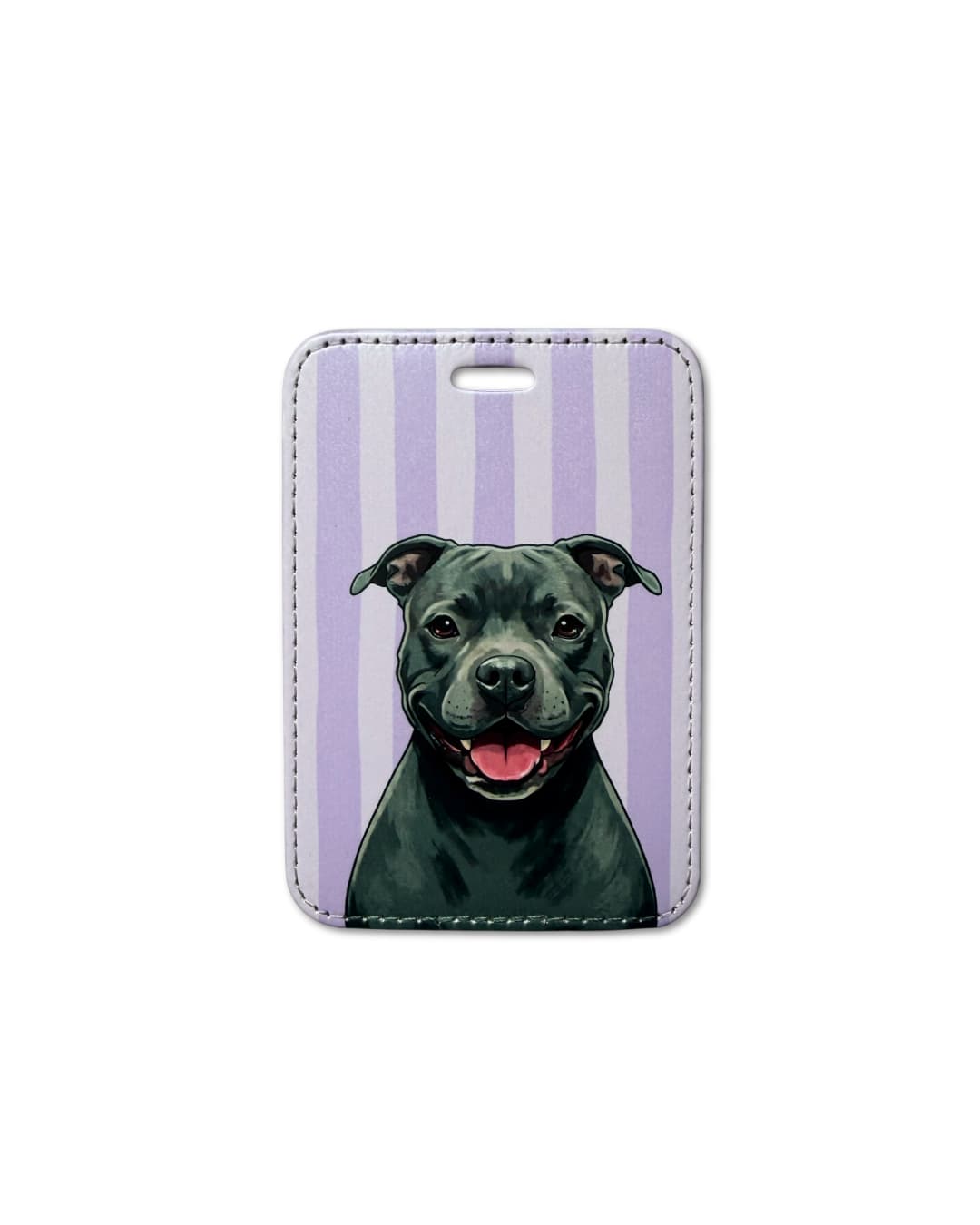 staffordshire bull terrier luggage tagl avender striped version with smiling gray staffy illustration on striped background