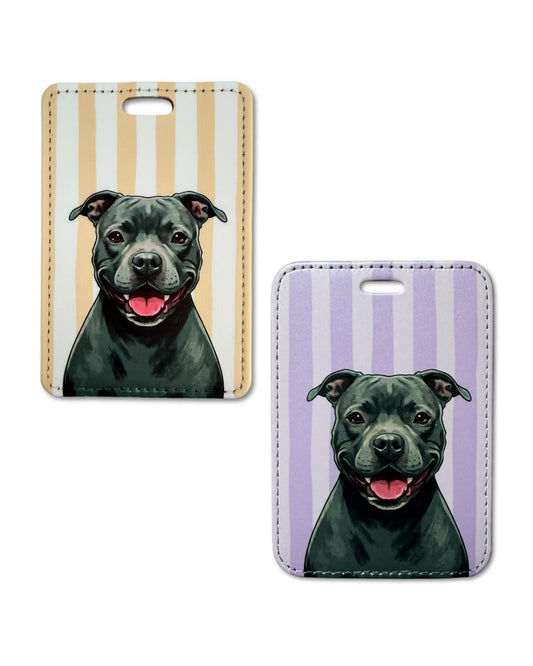 staffordshire bull terrier luggage tags (apricot and lavender) with smiling gray staffy illustration on striped background