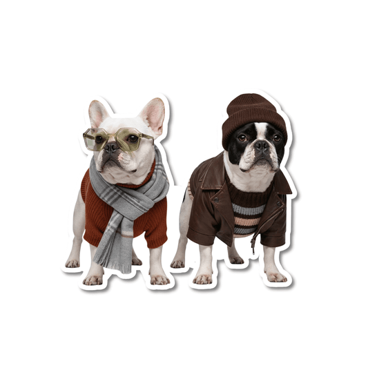 stylish-frenchie-winter-sticker; 2 French Bulldogs in high-fashion winter clothes; one in a leather biker jacket and beanie, the other in an orange sweater and scarf 