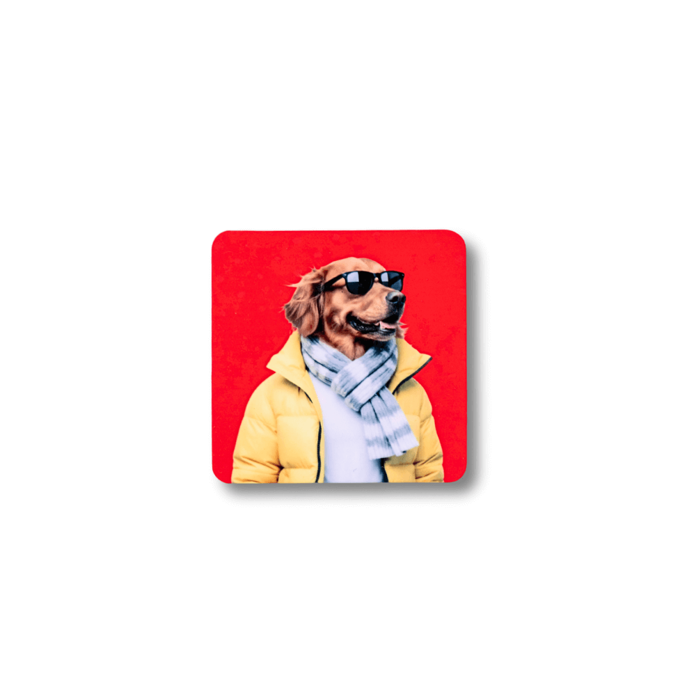 Square red golden retriever magnet;  dog wearing a yellow jacket illustration and sunglasses.  White background.
