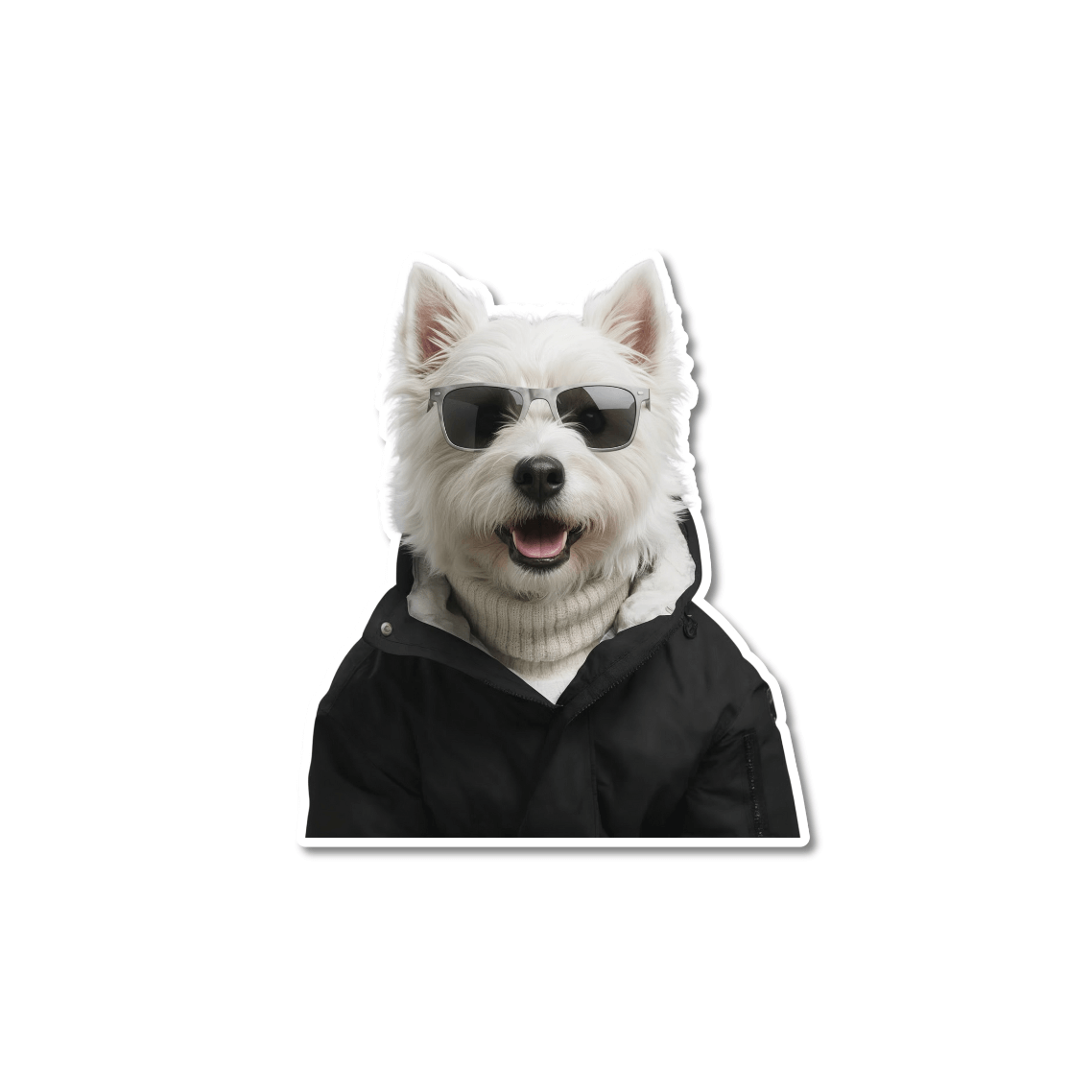 Sunglasses Westie dog sticker; cool West Highland Terrier wearing dark sunglasses and a black jacket.