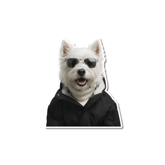 Sunglasses Westie dog sticker; cool West Highland Terrier wearing dark sunglasses and a black jacket.
