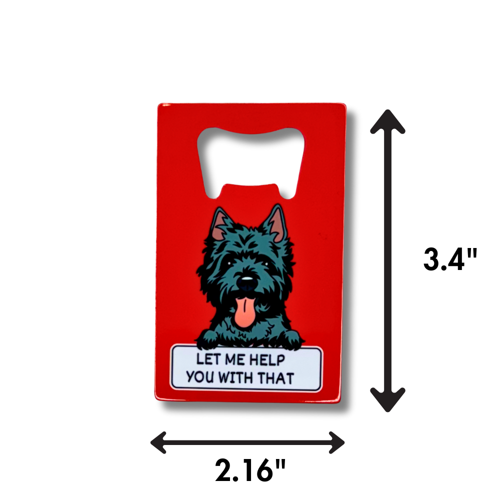 Dimensions shown for Flat credit card-sized bottle opener with a terrier illustration 