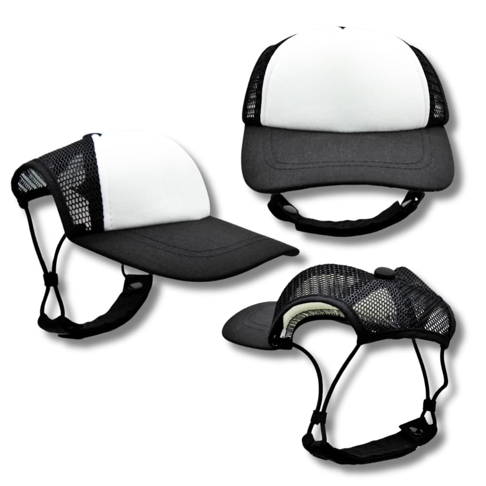 he best dog hat ever fit detail; underside view of black and white Pup Lids dog trucker hat showing adjustable velcro chin strap and side straps.