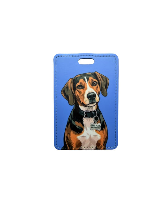 Treeing Walker Coonhound luggage tag; Fun faux leather luggage tag featuring a tricolor Treeing Walker Coonhound with a Zero Plan Full Throttle collar charm, solid sky blue background, white surface.