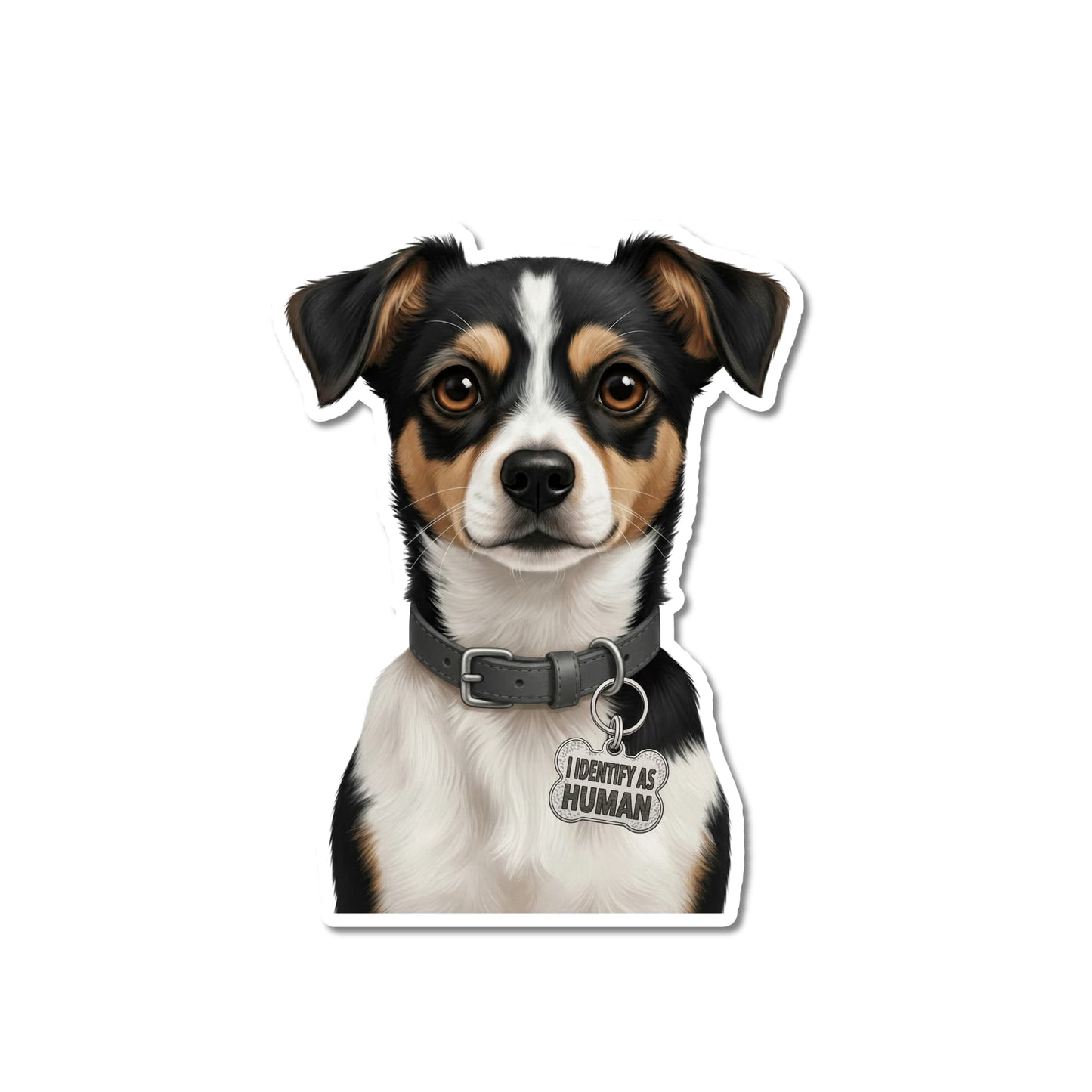 Tri color terrier mix sticker. Kiss-cut, black, tan and white coat, white blaze, charcoal gray collar, bone-shaped silver "I IDENTIFY AS HUMAN" charm, white contour border.