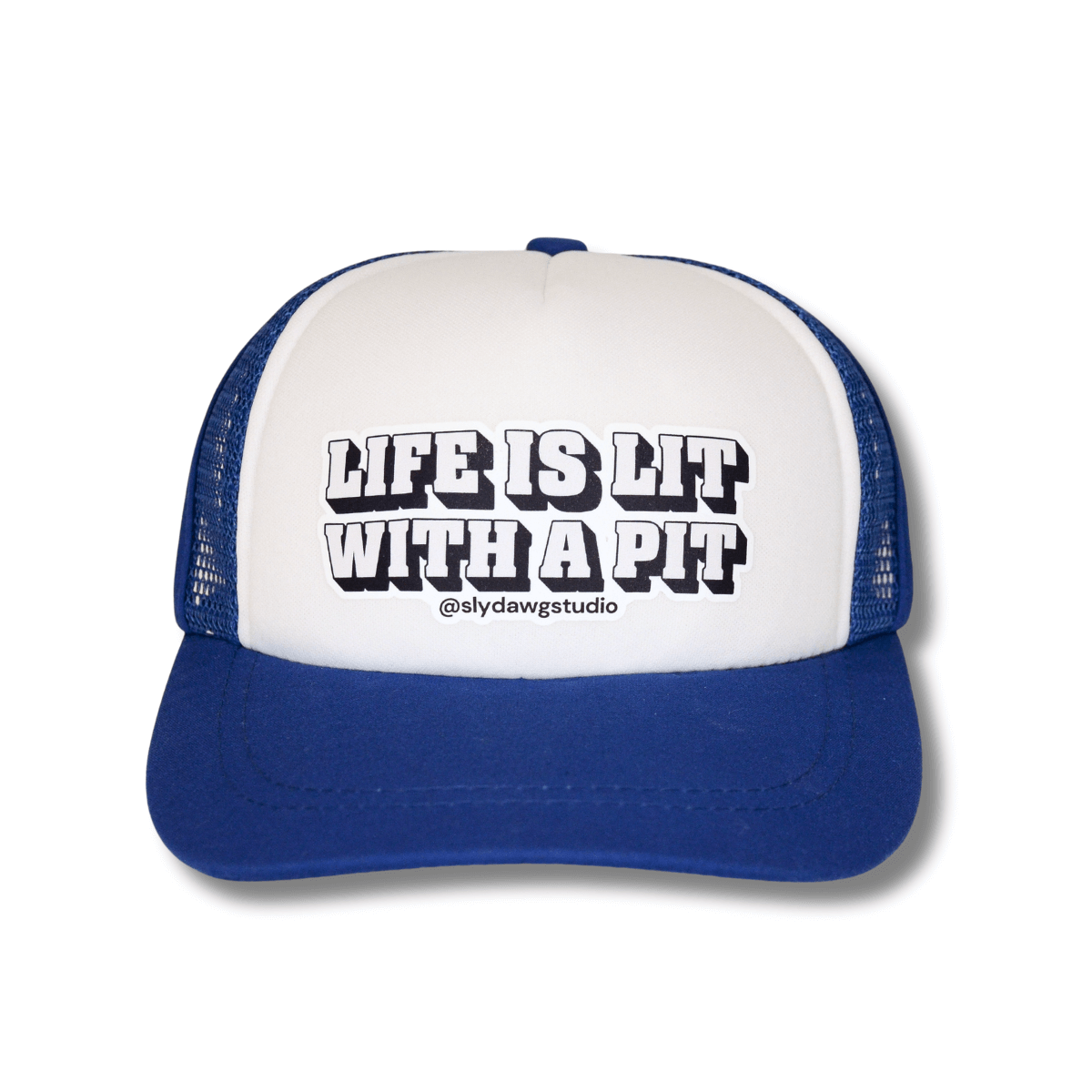 trucker hat for pitbull; Blue and white "LIFE IS LIT WITH A PIT" trucker hat, product shot