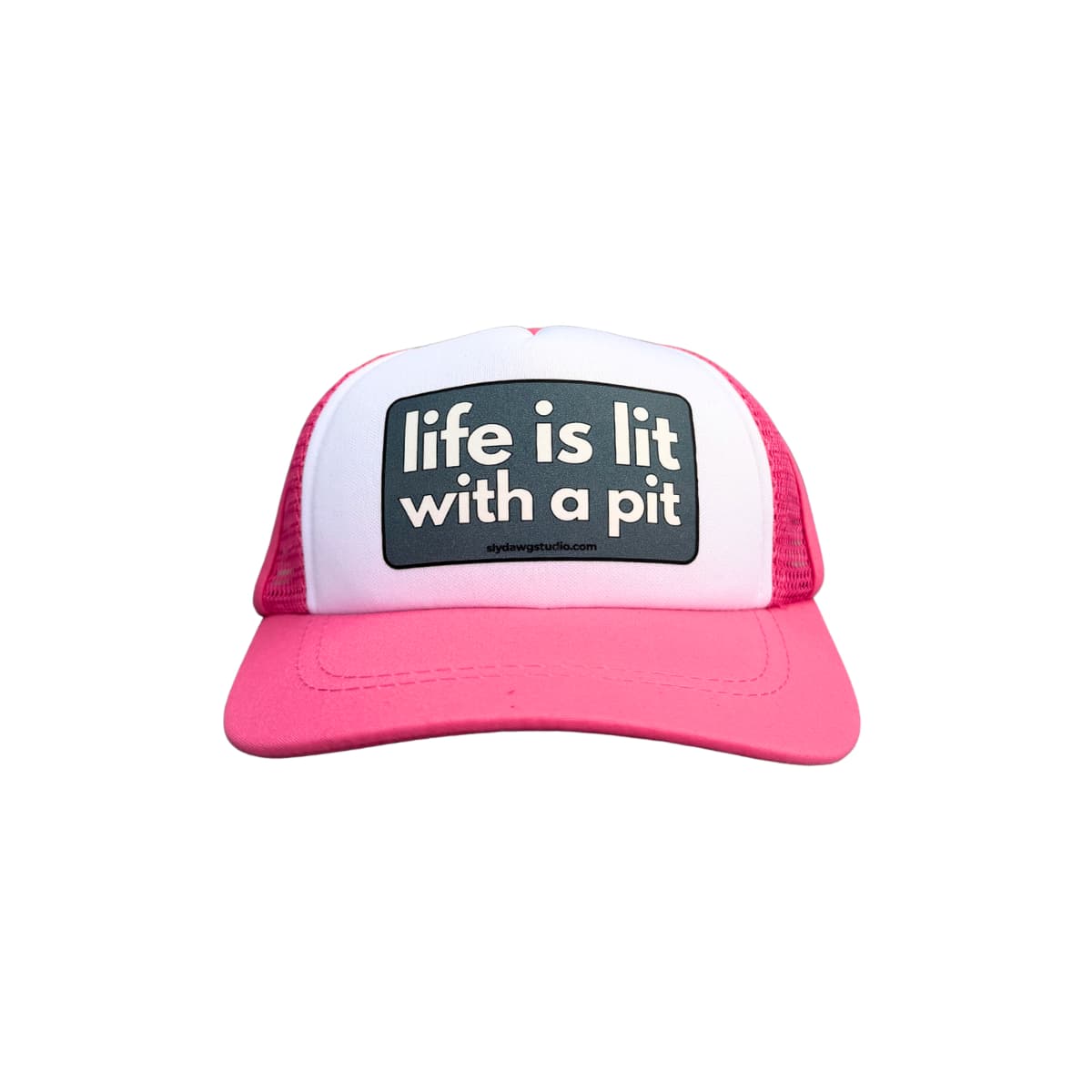trucker hat for pitbull; Pink and white "Life is Lit with a Pit" trucker hat, product shot