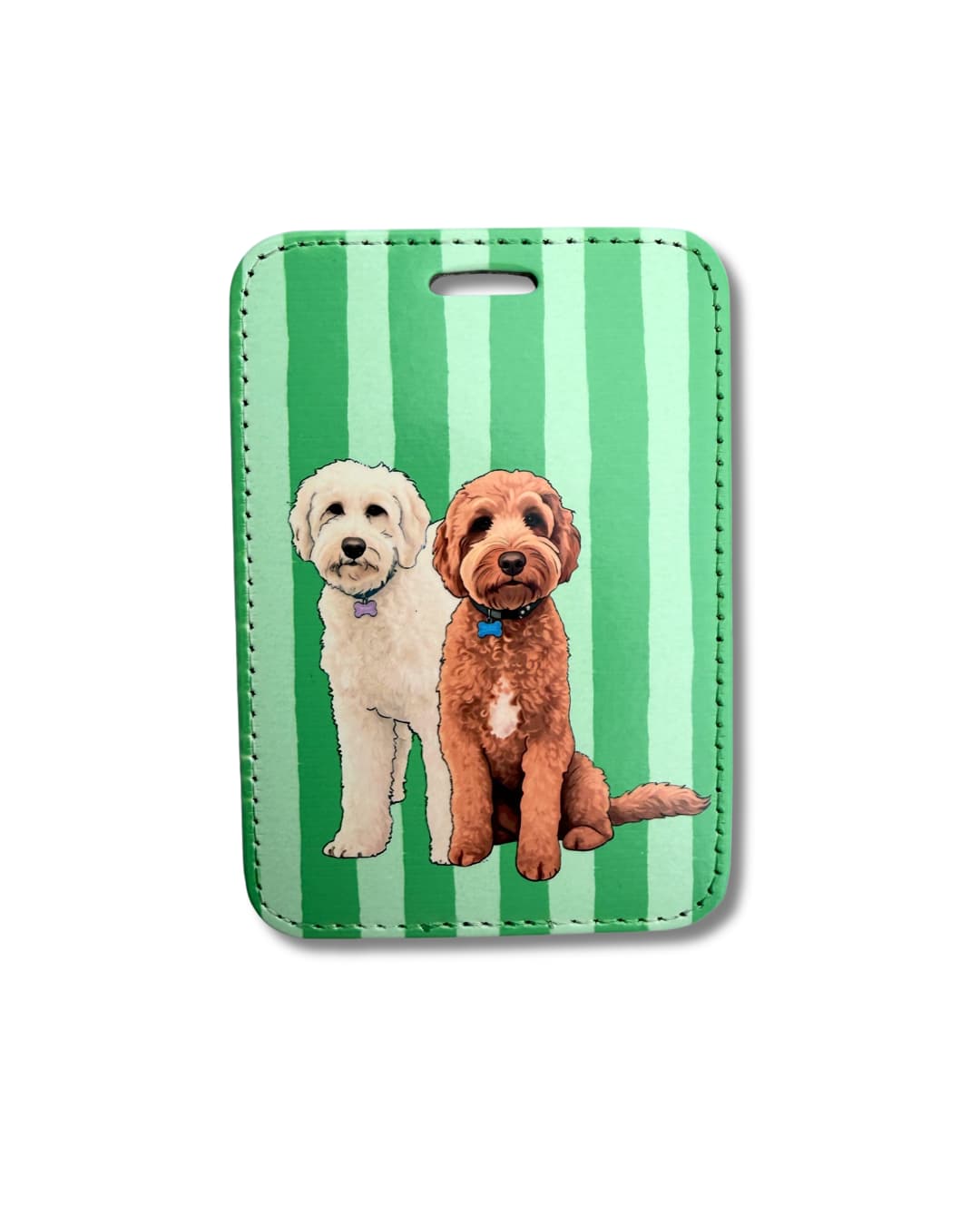 Custom pet photo luggage tag with stylized goldendoodle illustration on green stripe background, by Sly Dawg Studio
