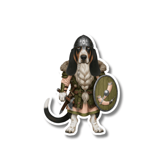 Basset hound Viking sticker showing a basset hound dressed as a Viking warrior with helmet, axe, and shield