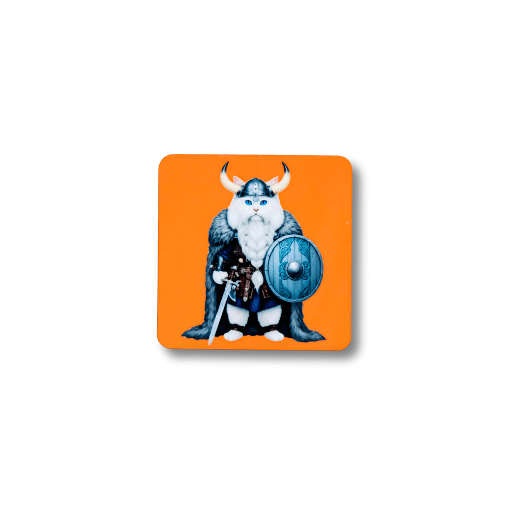 A 2.25-inch circular refrigerator magnet featuring a fluffy white and grey Norwegian Forest Cat wearing a Viking helmet, a perfect norwegian forest cat viking magnet for Norse history fans.