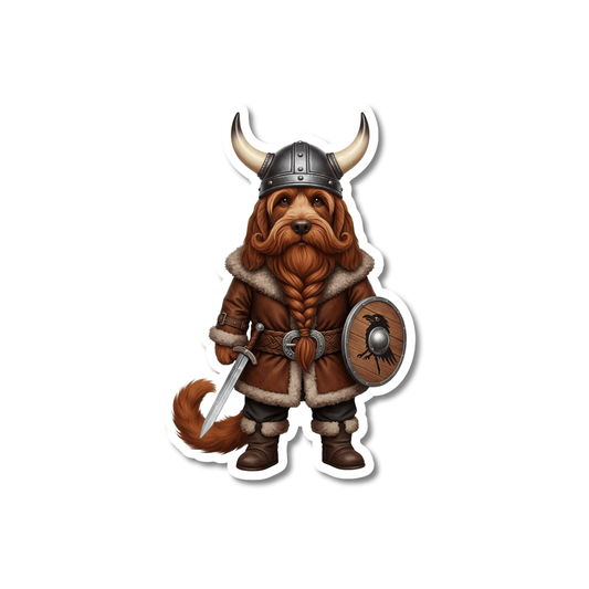Viking doodle dog sticker: a funny nordic warrior dog decal. Dog has viking hat, shield, and outfit.