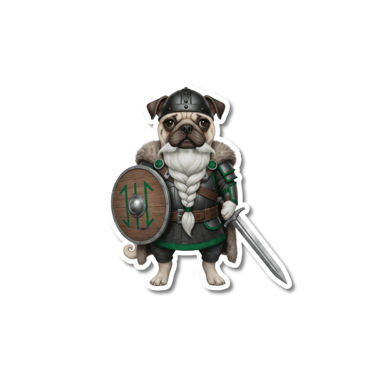 A detailed illustration of a pug dressed as a Viking warrior with a helmet, beard, shield, and sword on a matte vinyl sticker.