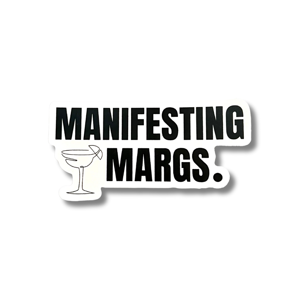 vinyl margarita sticker: Black and white minimalist sticker with line art margarita glass "manifesting margs"