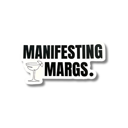vinyl margarita sticker: Black and white minimalist sticker with line art margarita glass "manifesting margs"