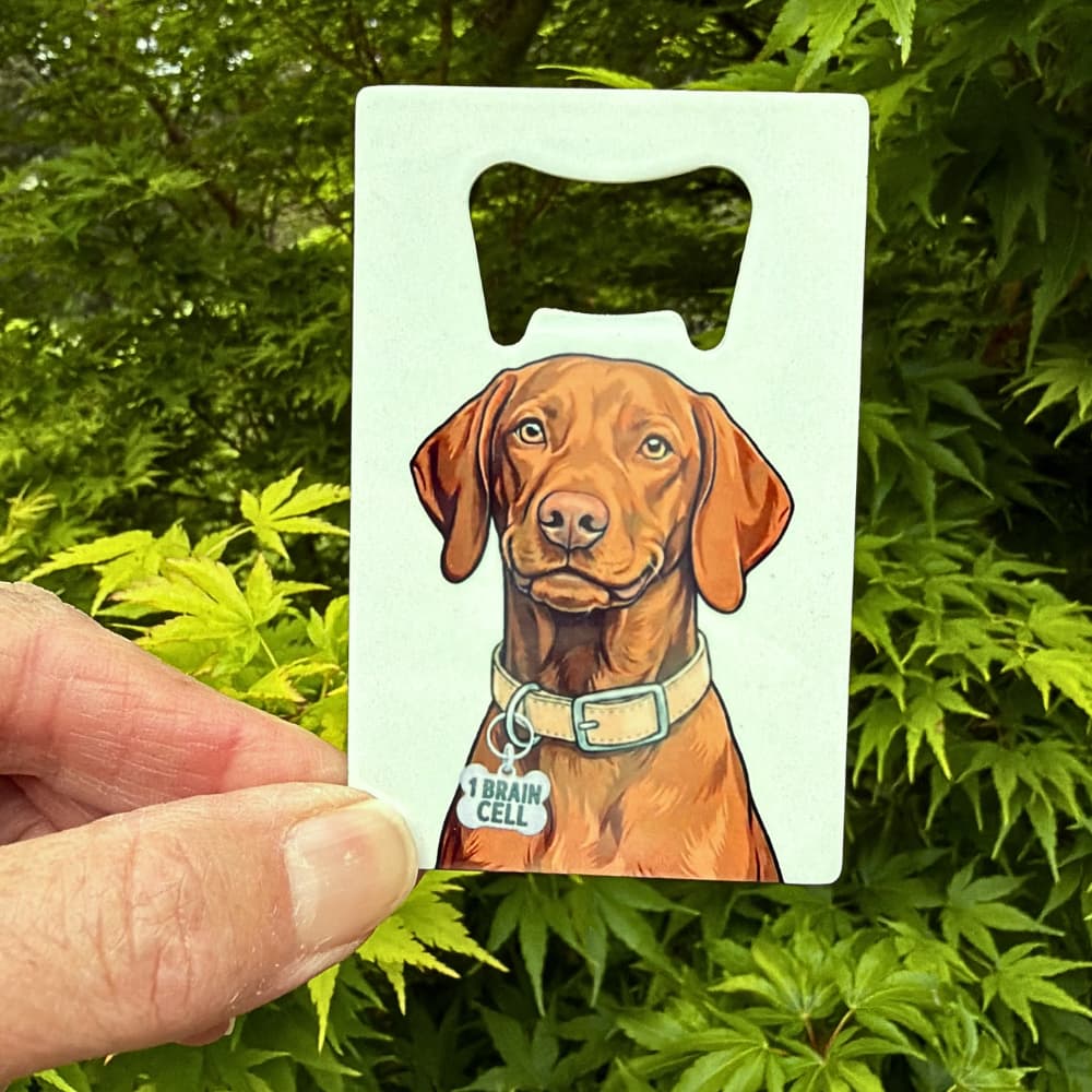 Vizsla bottle opner: A hand holding a credit card sized Vizsla bottle opener outdoors with vibrant green Japanese Maple leaves in the background.