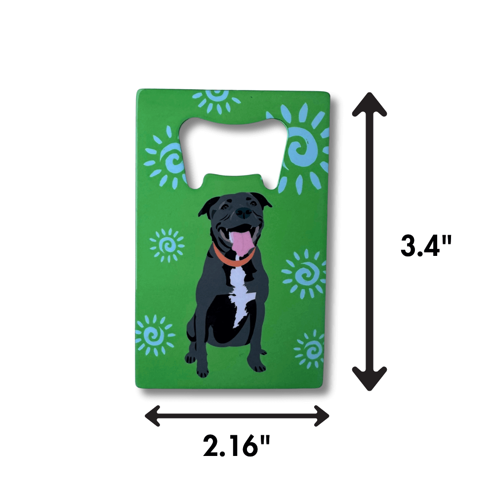 dimensions shown for green background with black pit bull bottle opener; dog illustration on a green background with blue abstract sun patterns