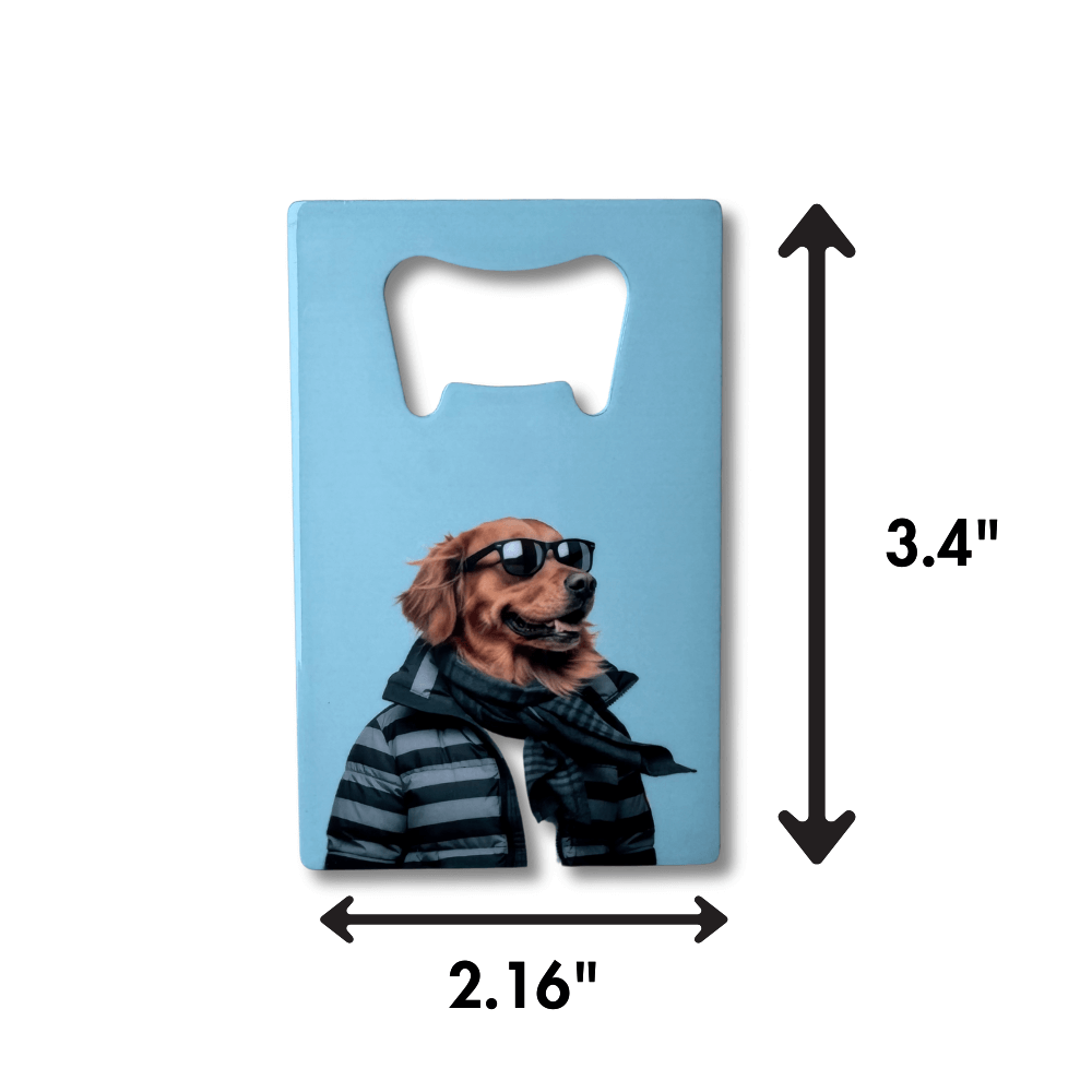 Funny golden retriever bottle opener; light blue background, dog wearing sunglasses, scarf and puffer jacket. Dimensions shown.