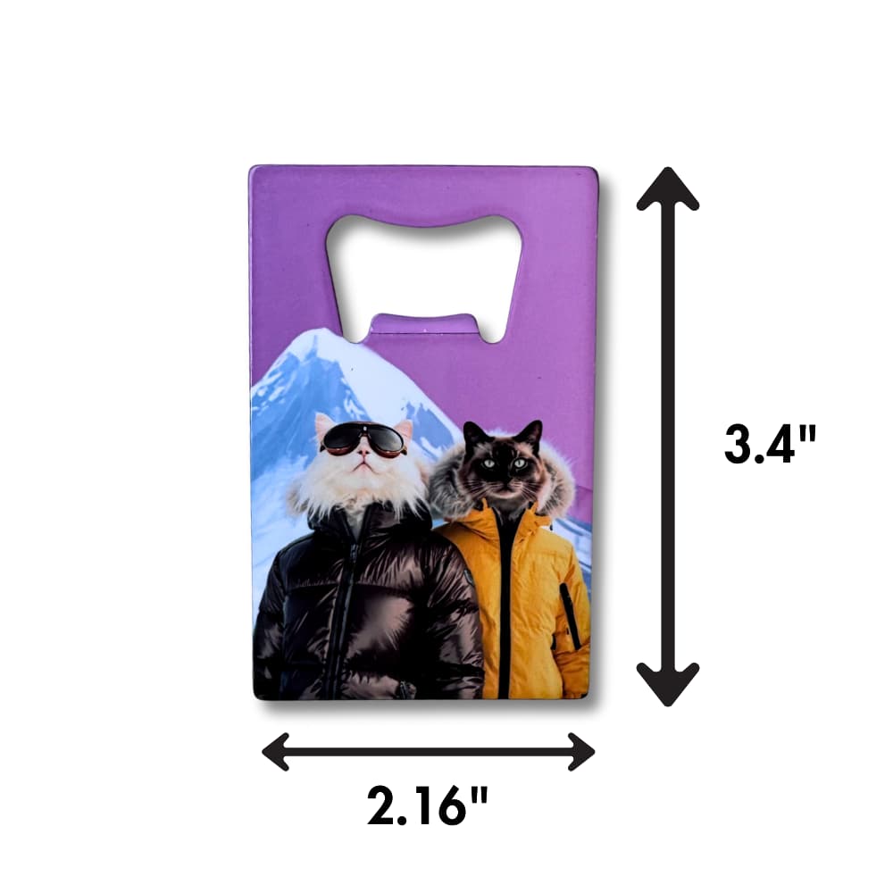 dimensions shown for Adventure cat bottle opener gift for skiers; snowy mtn and pink purple background. two sassy cats wearing puffer coats.