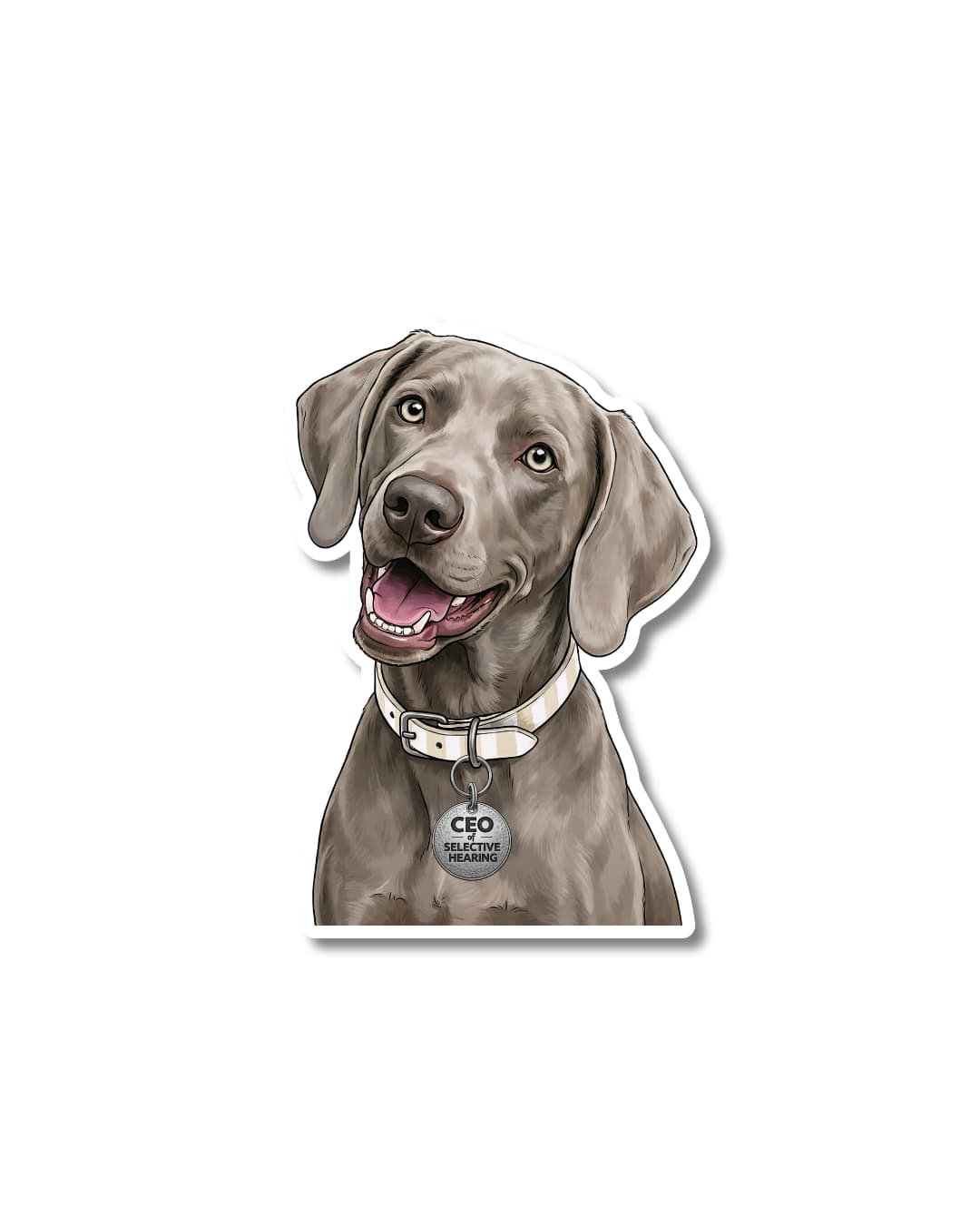 weimaraner dog sticker; illustrated grey dog with tan and white striped collar and funny collar tag