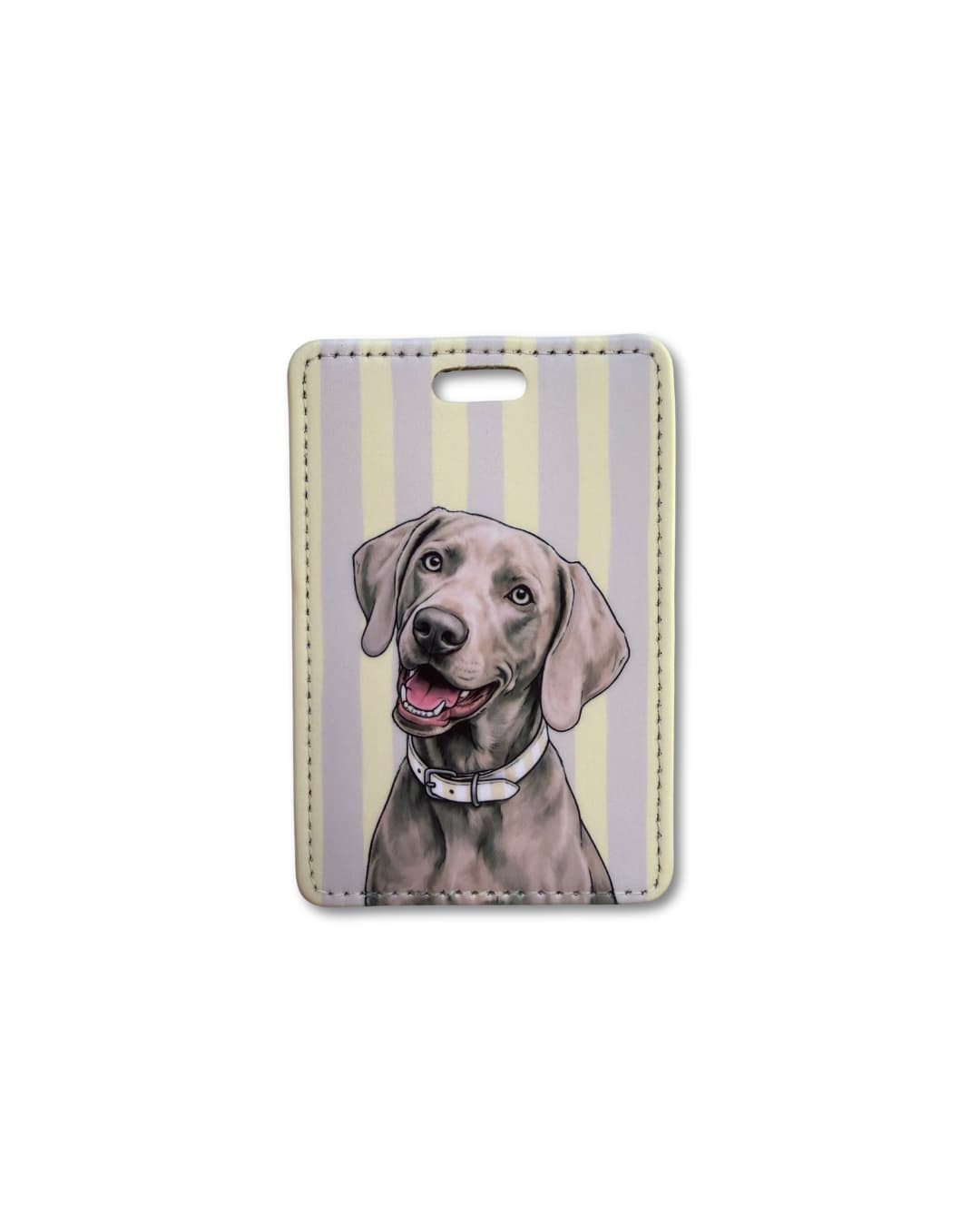 weimaraner dog luggage tag featuring a gray weimaraner with a tilted head on a neutral striped background