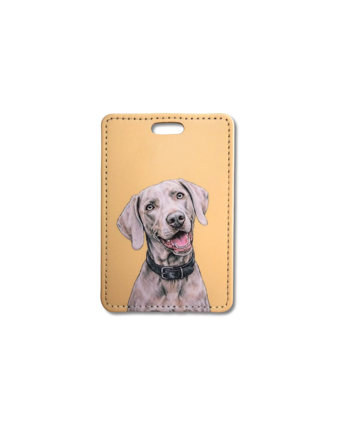 Weimaraner luggage tag featuring a gray Weimaraner dog illustration on a tan faux leather travel tag