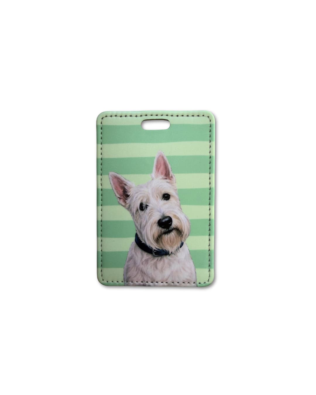 westie luggage tag featuring a white west highland terrier with upright ears on a green striped background
