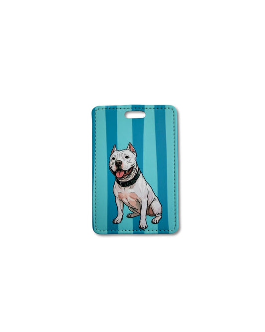 White American bully luggage tag; illustrated white bully breed dog on teal stripes. White background.