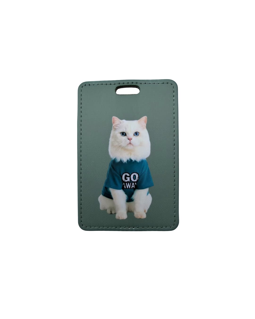 Sarcastic white cat luggage tag - fluffy white cat in Go Away tee on sage green faux leather