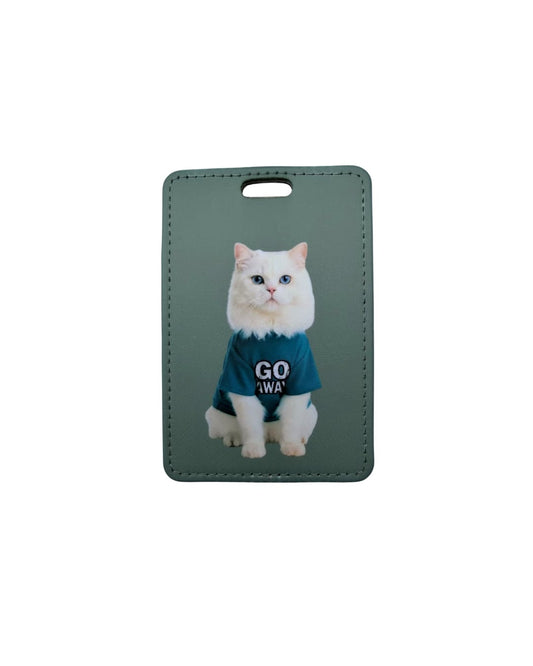 Sarcastic white cat luggage tag - fluffy white cat in Go Away tee on sage green faux leather