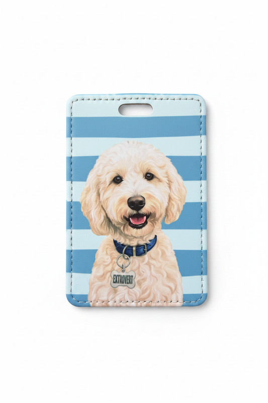 white doodle luggage tag / layflat / white background.  Showing smiling cream Doodle with blue collar and EXTROVERT bone collar tag on blue and white horizontal striped faux leather tag