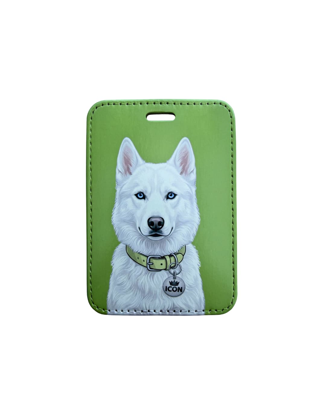 white husky luggage tag flat lay on white background showing white Siberian Husky with blue eyes and ICON round collar tag on lime green faux leather tag

