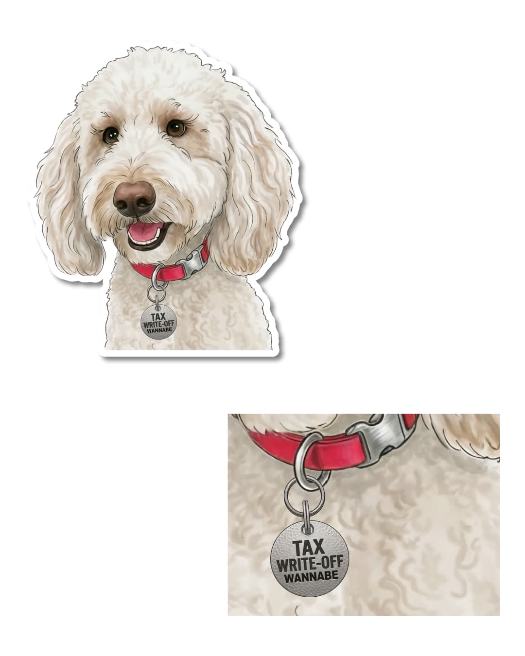 white labradoodle sticker close up of dog tag reading tax write off wannabe on labradoodle collar