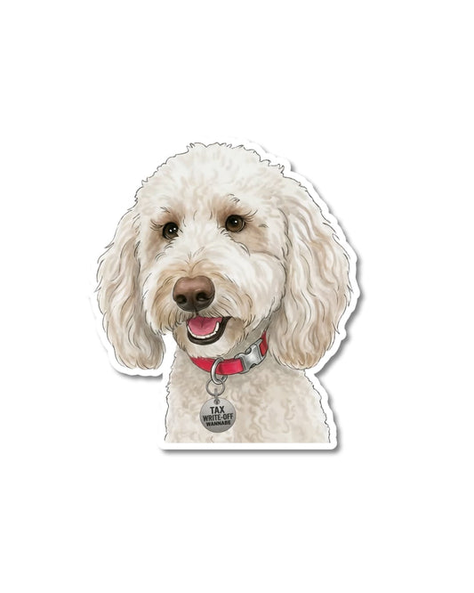 white labradoodle sticker funny dog with red collar and tax write off wannabe tag matte vinyl decal