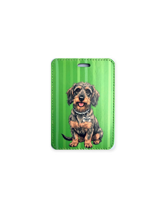 Wild boar wirehaired dachshund luggage tag with an original design of a doxie wearing a gray collar and a bone-shaped charm that reads "Problem Child", on bright green stripes. Faux leather luggage tag with stitched edges and a slot at the top.