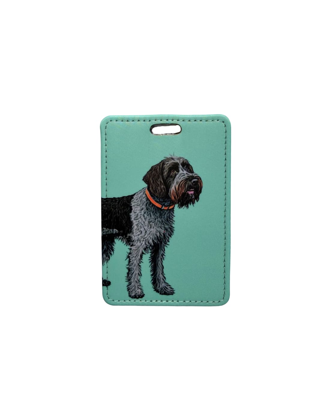 wirehaired pointing griffon luggage tag featuring a scruffy black and gray griffon dog on a teal background