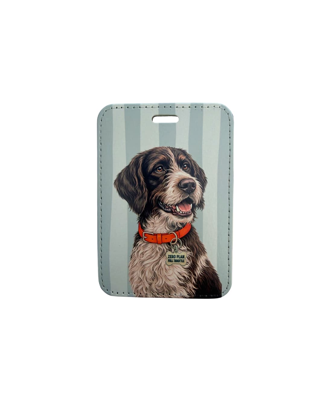 wirehaired pointing griffon travel luggage tag flat lay showing Korthals griffon with ZERO PLAN FULL THROTTLE collar tag on gray and white striped faux leather travel tag