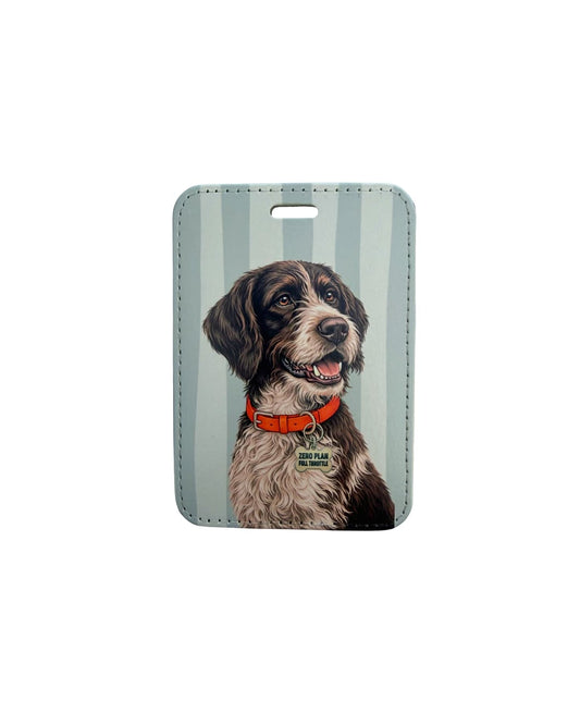wirehaired pointing griffon travel luggage tag flat lay showing Korthals griffon with ZERO PLAN FULL THROTTLE collar tag on gray and white striped faux leather travel tag