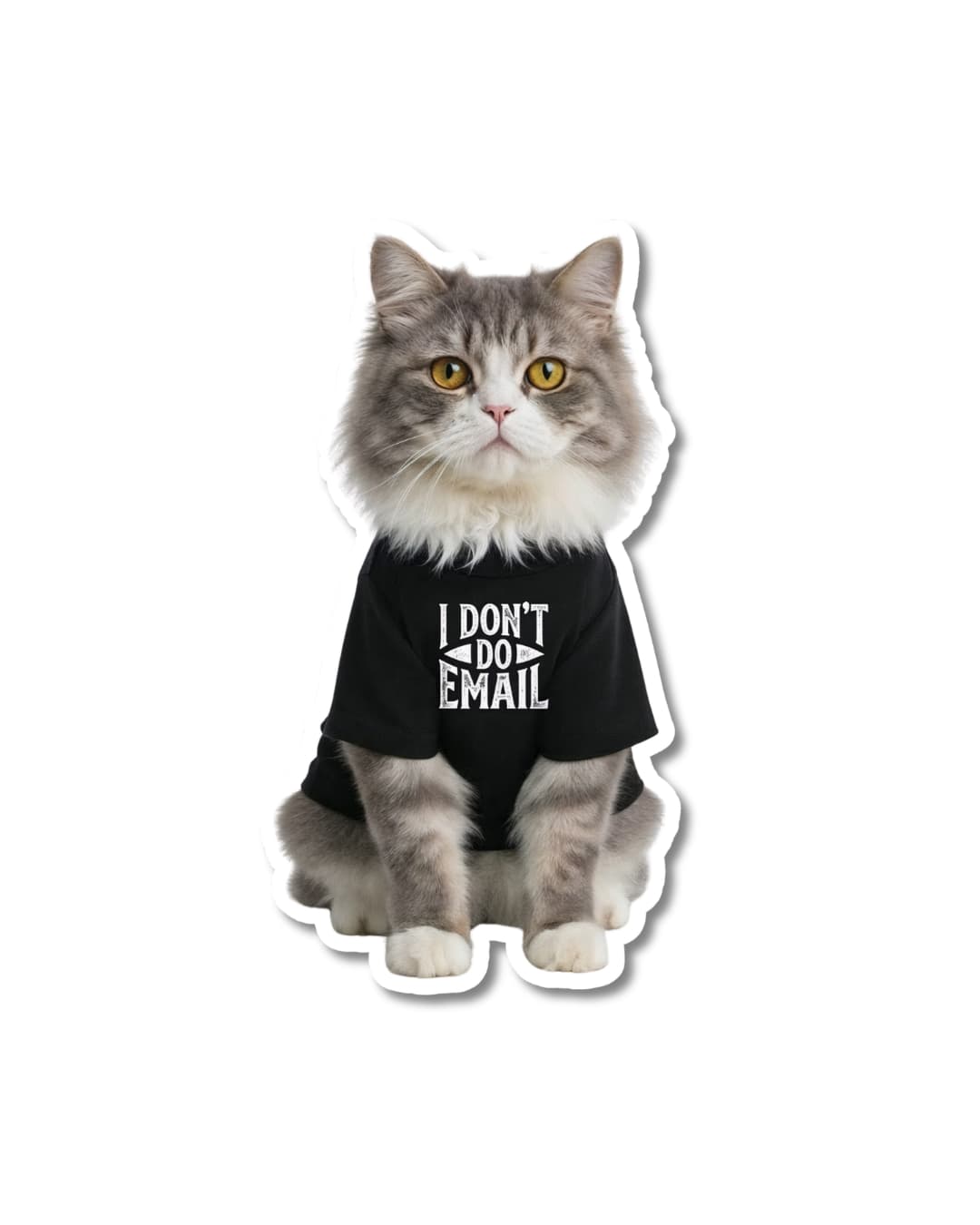 work from home cat sticker i dont do email humor gray cat wearing black shirt with text