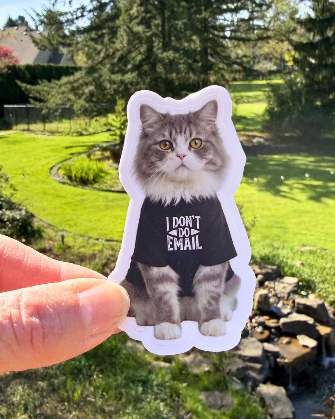 work from home cat sticker i dont do email humor sticker held between fingers outdoors with yard background