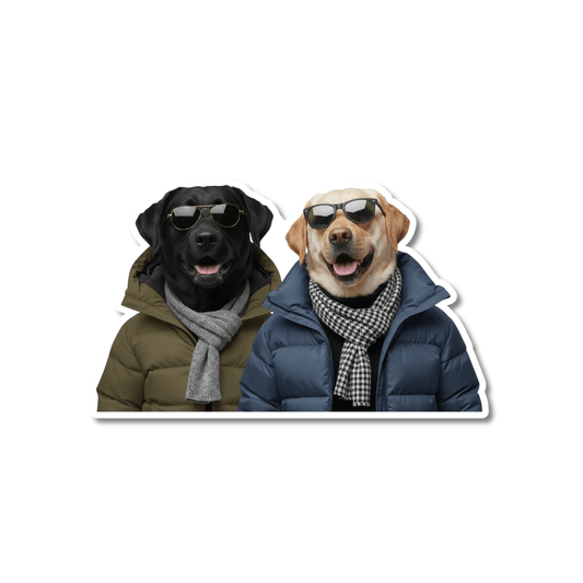 Yellow lab black lab sticker; 2 labrador retrievers wearing winter jackets, scarves, and sunglasses, posed side by side on a white background.