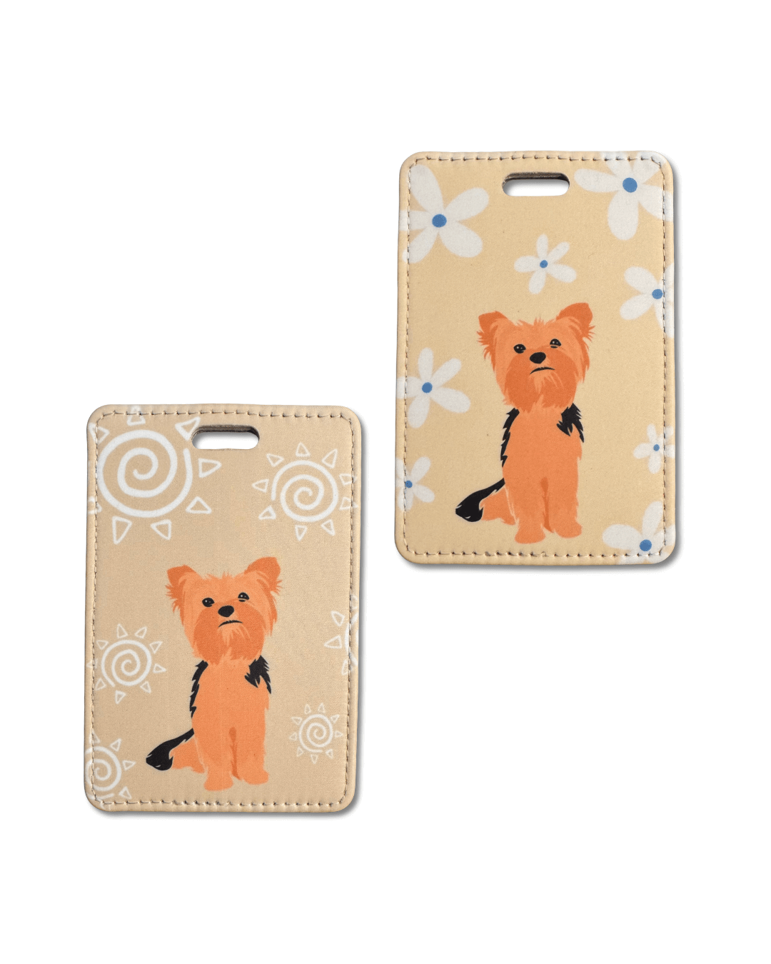 illustration yorkie luggage tag. Two styles, both on beige background, one with white flowers, one with artsy suns